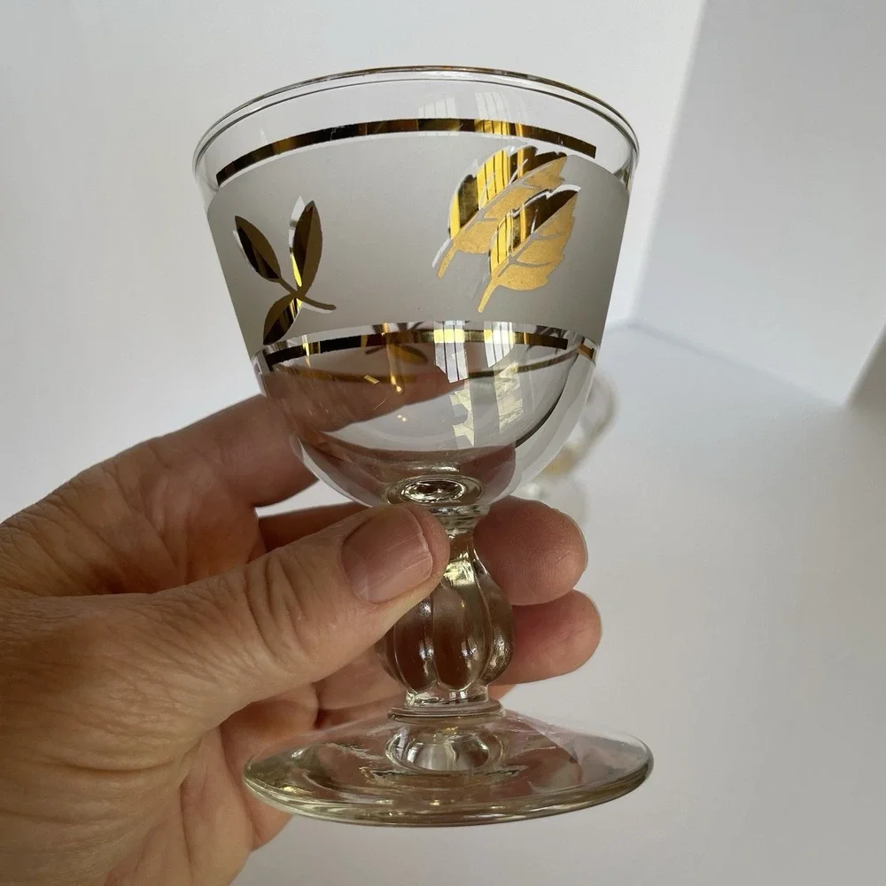 Vtg Frosted GOLD LEAF Sherbet Glass Set‎ of 2 Mid Century - 3 7/8